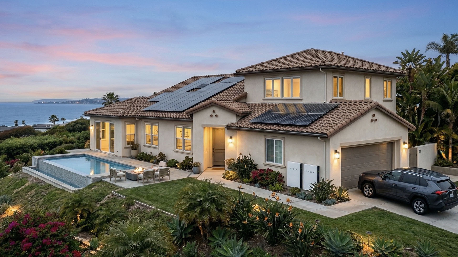 Modern home with rooftop solar panel installation